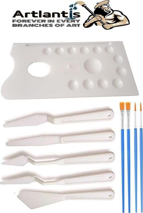 Plastik 13 Hazneli Resim Paleti 5 li Plastik Spatula ve Resim Fırçası 1 Paket Ressam Paleti Sanatsal Esnek Palet Bıçağı