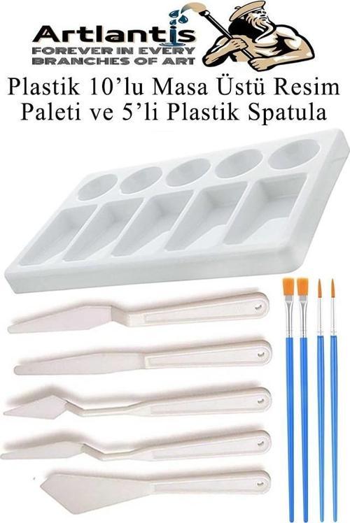 Plastik Masa Üstü 10 Hazneli Resim Paleti 5 li Plastik Spatula ve Resim Fırçası 1 Paket Hobi Sanatsal Esnek Palet Bıçağı