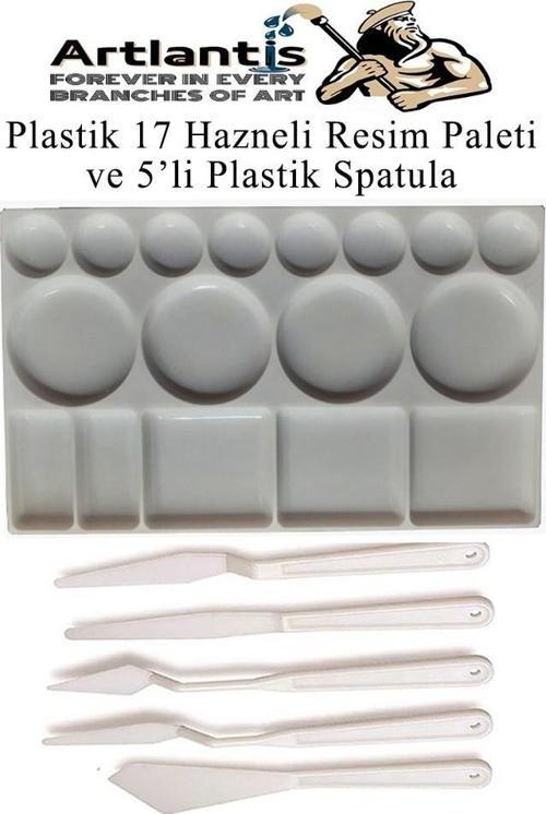 Plastik Masa Üstü 17 Hazneli Resim Paleti 5 li Plastik Spatula 1 Paket Ressam Paleti Sanatsal Esnek Plastik Palet Bıçağı