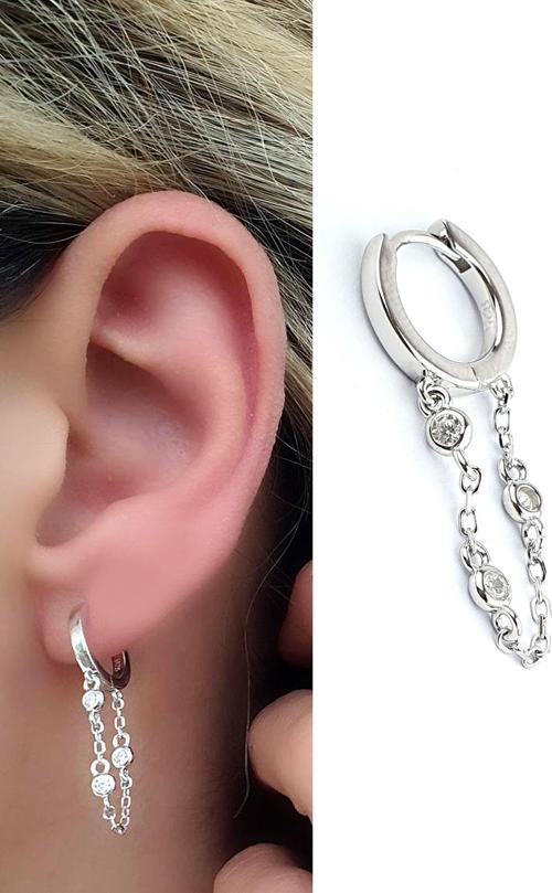 Zirkon Taş Detaylı 925ayar Gümüş  İtalyan Tasarımı Zincirli Halka tek  küpe cap 1cm