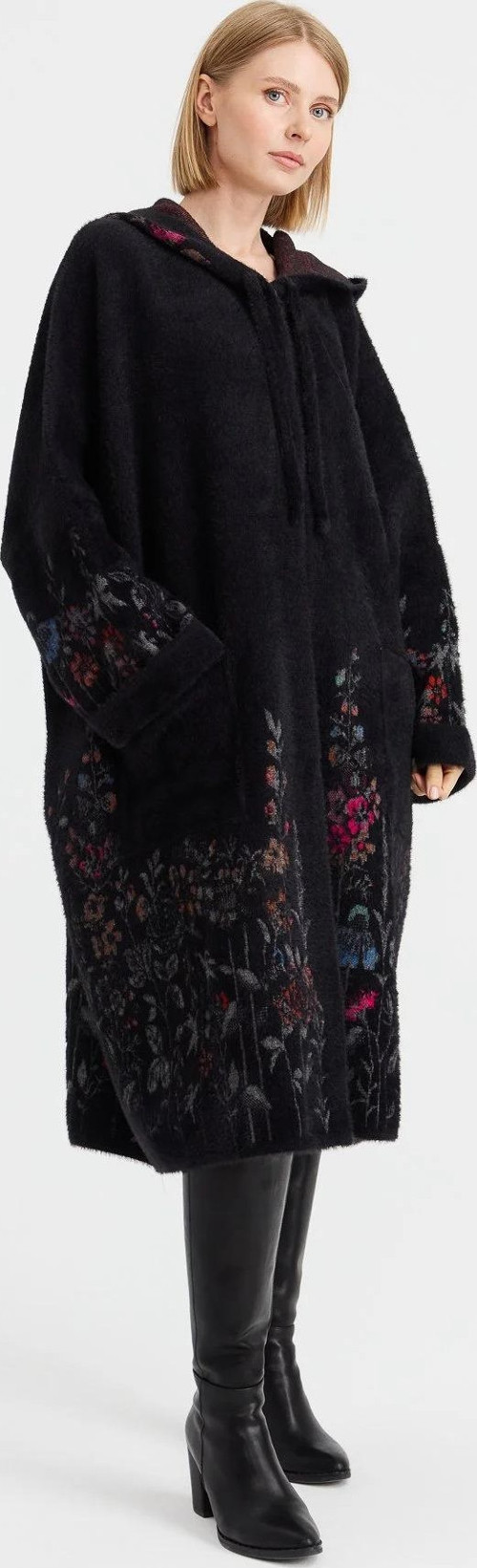 Kadın Triko Kırçiçeği Desenli Afrodit Panço 23065 Siyah