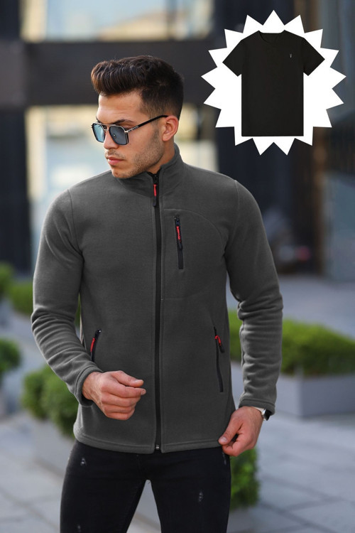TİŞÖRT Hediyeli Erkek Antrasit Softshell Polar Standart Tam Fermuarlı 3 Cepli Erkek Polar Hırka Antrasit S