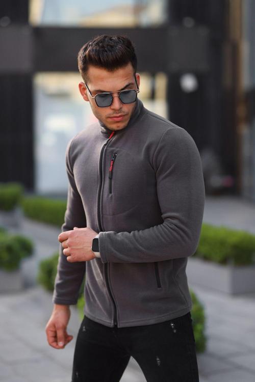 Unisex Polar Tüylenme Yapmayan Standart-Fit Erkek Tam Fermuarlı 3 Çepli Polar Antrasit L