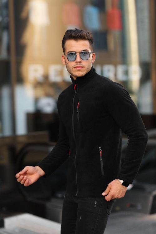Unisex Polar Tüylenme Yapmayan Standart-Fit Erkek Tam Fermuarlı 3 Çepli Polar Siyah 2XL