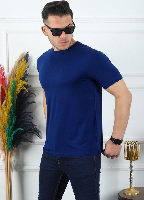 Erkek Lacivert Unisex Tişört Düz Bisiklet Yaka Slim-Fit %100 Pamuk Basic Unisex Spor Tişört