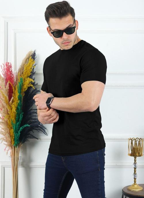 Erkek Siyah Tişört Düz Bisiklet Yaka Slim-Fit %100 Pamuk Basic Unisex Spor Tişört