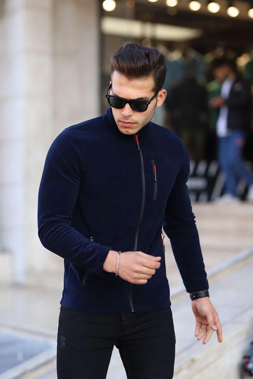 Unisex Polar Tüylenme Yapmayan Standart-Fit Erkek Tam Fermuarlı 3 Çepli Polar Lacivert L