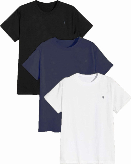 Erkek Siyah-Lacivert-Beyaz %100 Pamuk Bisiklet Yaka Standart Basic 3'Lü Spor T-Shirt