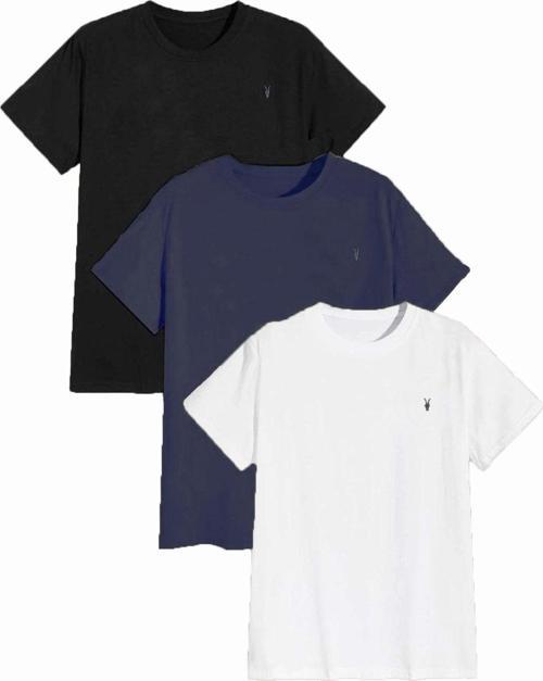 Erkek Siyah-Lacivert-Beyaz %100 Pamuk Bisiklet Yaka Standart Basic 3'Lü Spor T-Shirt