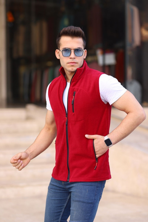 Kırmızı Kolsuz 3 Çepli Erkek Polar Günlük Standart Rahat Tam Fermuarlı Polar Erkek Kırmızı 2XL