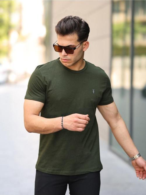 Erkek Haki %100 Pamuk Standart Fit Normal Kesim Bisiklet Yaka Basic Kısa Kollu Spor Tişört
