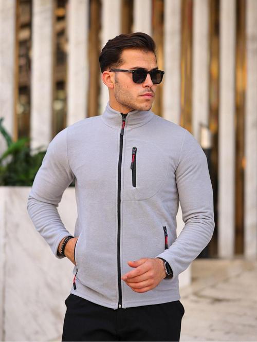 Erkek Siyah Polar Kışlık Kalın Tam Fermuar Pamuklu Kumaş Polar Ceket Gri L