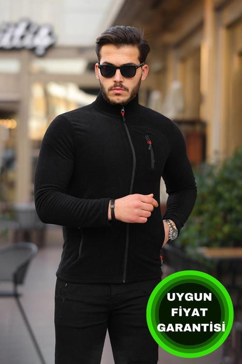 Erkek Siyah Polar Kışlık Kalın Tam Fermuar Pamuklu Kumaş Polar Ceket Siyah S