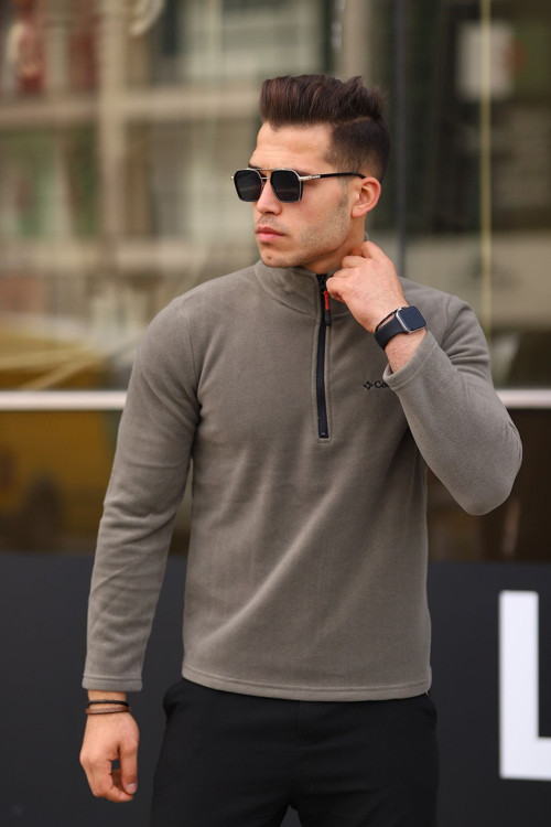Haki Shoftsell Polar Günlük Rahat Standart Kalıp Yarım Fermuarlı Çepsiz Polar Hırka Outdoor Haki 2XL
