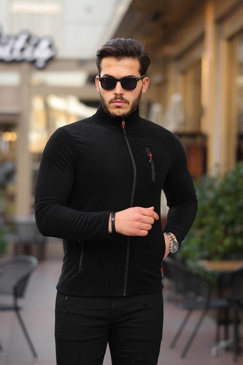 Erkek Siyah Softshell Polar Standart Tam Fermuarlı 3 Cepli Erkek Polar Hırka siyah 2XL
