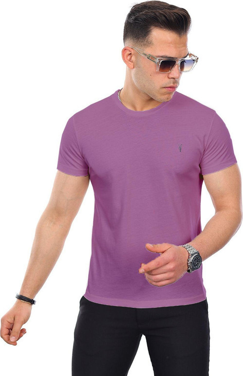 Erkek Lila Bisiklet Yaka Standart %100 Pamuk Erkek Basic Spor T-Shirt