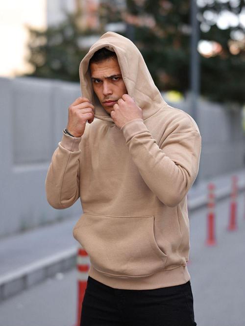 Erkek Krem Tam Oversize Kanguru Cepli 3 İplik Erkek Kapüşonlu Sweatshirt Krem M