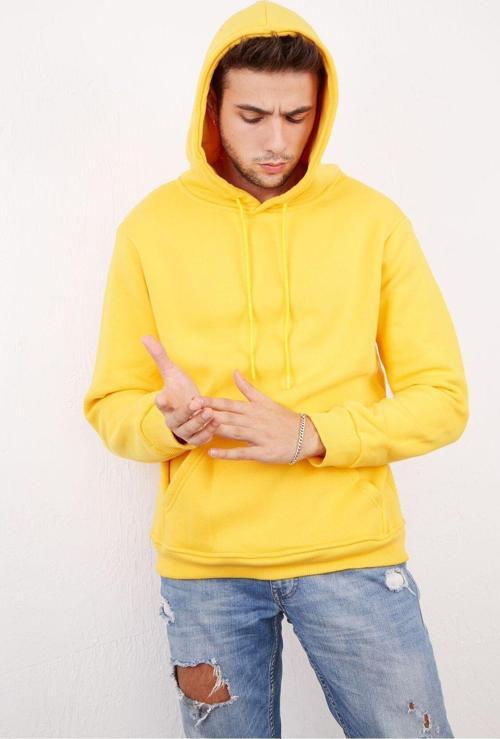 Erkek Beyaz Tam Oversize Kanguru Cepli 3 İplik Erkek Kapüşonlu Sweatshirt Sarı M