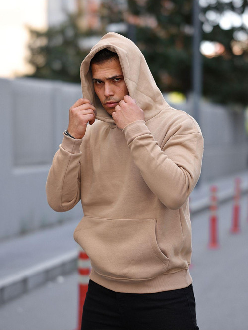 Erkek Krem Tam Oversize Kanguru Cepli 3 İplik Erkek Kapüşonlu Sweatshirt Krem L