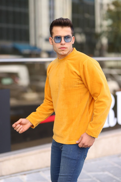 Hardal Erkek Sweatshirt Polar Düz Renk Günlük Rahat Standart Polar Sweatshirt Hardal M