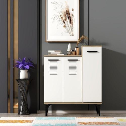 DemonteHome Asi̇modh Ayakkabilik, Çok Amaçli Dolap 3 Kapakli , 6 Rafli Safi̇rmeşe-Beyaz