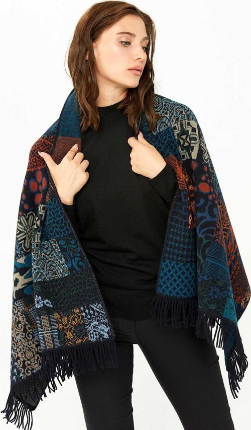 Kadın Kırk Yama Desenli Saf Yün Şal 02421143 Lacivert