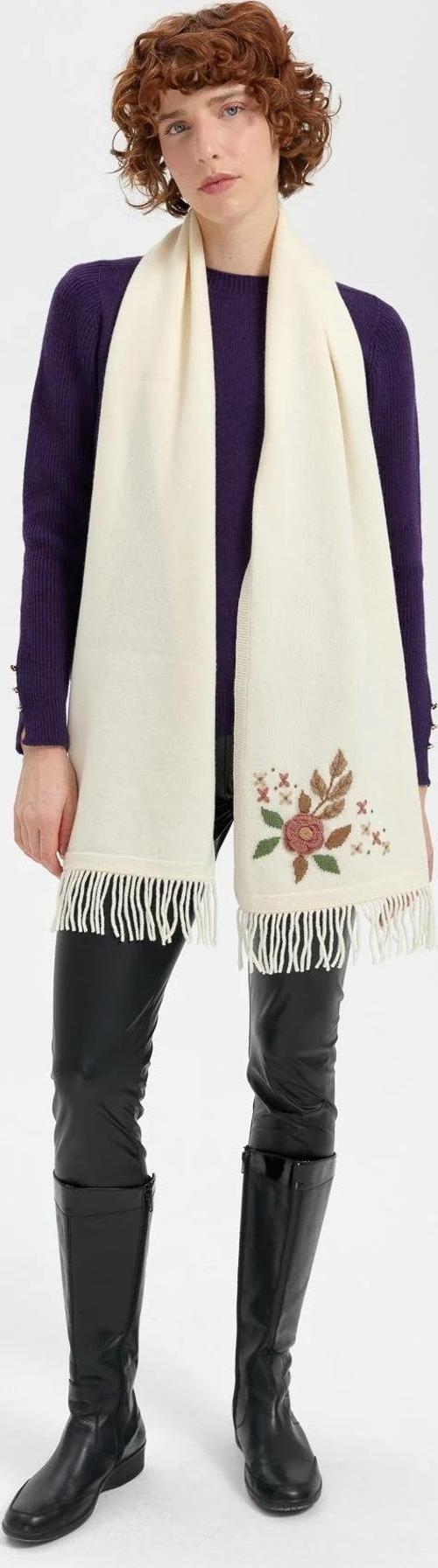 Kadın Papatya İşlemeli Püsküllü Yün Kaşkol 24027 Kemik