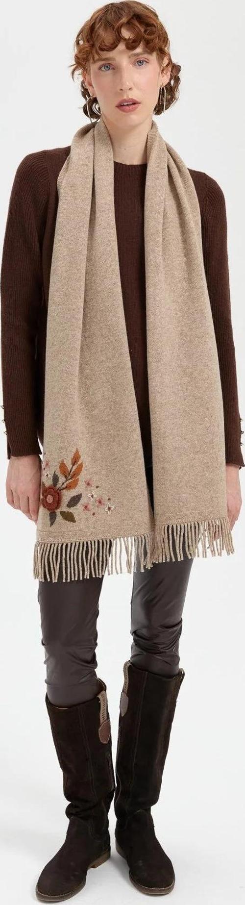 Kadın Papatya İşlemeli Püsküllü Yün Kaşkol 24027 K. Bej