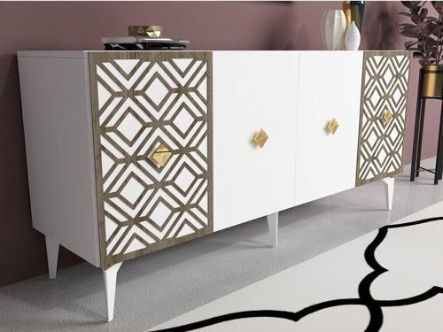 DemonteHome Ali̇zadh Konsol 4 Kapakli Lazer Kesi̇mli̇ Beyaz (Cevi̇z Desen)