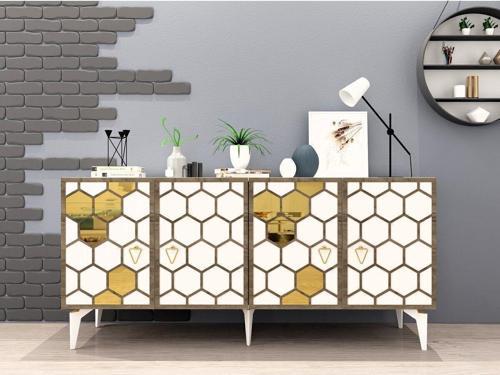 DemonteHome Petekdh Konsol 4 Kapakli Beyaz-Altin (Cevi̇z Desen)