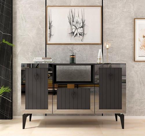 DemonteHome Lindadh 3 Kapaklı Lazer Desenli Pleksili Konsol Antrasit Gümüş