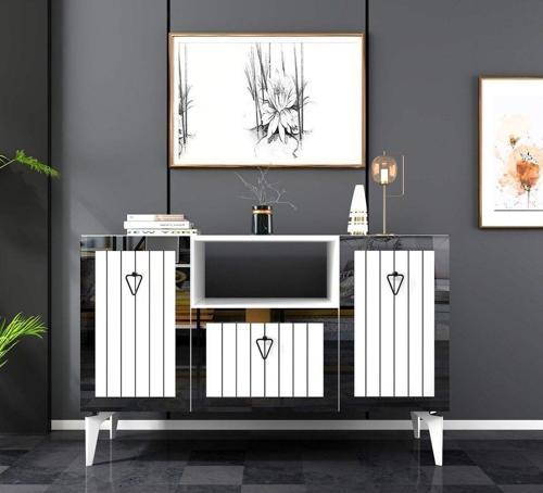 DemonteHome Lindadh 3 Kapaklı Lazer Desenli Pleksili Konsol Beyaz Gümüş
