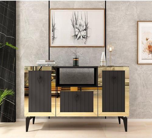 DemonteHome Lindadh 3 Kapaklı Lazer Desenli Pleksili Konsol Antrasit Altın