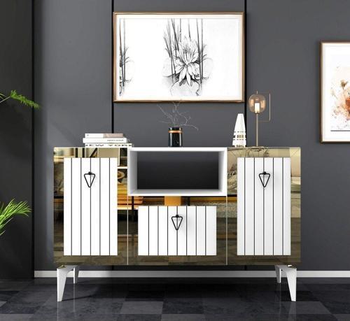 DemonteHome Lindadh 3 Kapaklı Lazer Desenli Pleksili Konsol Beyaz Altın