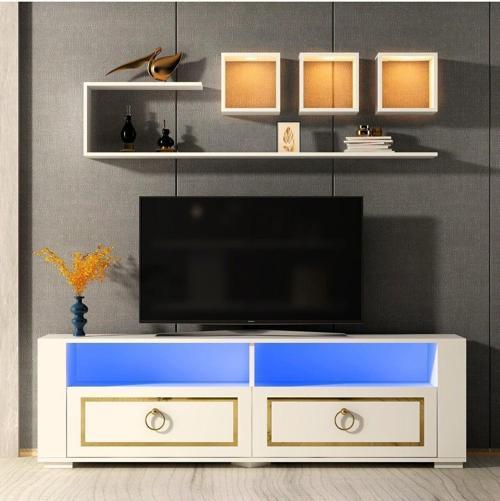 DemonteHome Calvi̇ndh Led Aydinlatmali ,Spot Işikli Tv Üni̇tesi̇ Takimi Beyaz-Altin