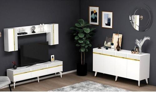 DemonteHome Defnedh 180 Cm Tv Üni̇tesi̇ Ve Konsol  2'Li̇ Salon Takimi Beyaz Altin