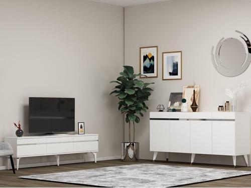 DemonteHome Defnedh Tv Sehpasi Ve Konsol 2'Li̇ Salon Takimi Beyaz-Gümüş