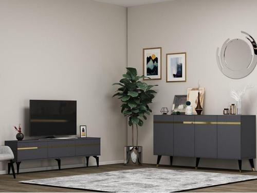 DemonteHome Defnedh Tv Sehpasi Ve Konsol 2'Li̇ Salon Takimi Antrasi̇t-Altin