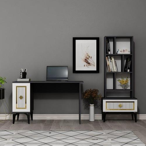 DemonteHome Noradh Çalişma Masasi Ve Ki̇taplik Takimi Antrasi̇t-Beyaz-Altin