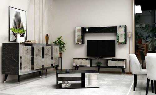 DemonteHome Boradh Tv Üni̇tesi̇ , Orta Sehpa Ve Konsol 3' Lü Salon Takimi Royalmermer Efesmermer Gümüş