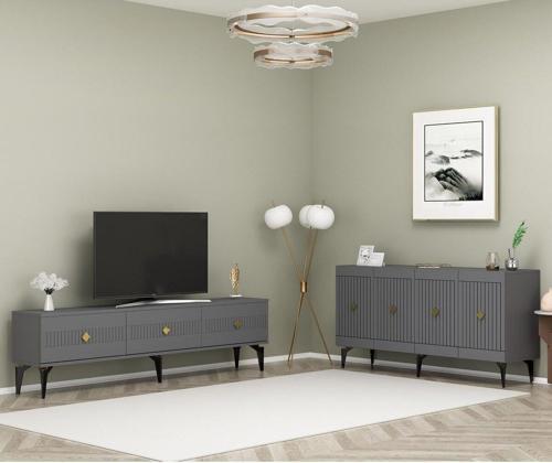 DemonteHome Mi̇dasdh 180 Cm Tv Sehpasi (Alt Modül) Ve 4 Kapakli Konsol 2'Li̇ Salon Takimi Antrasi̇t-Altin