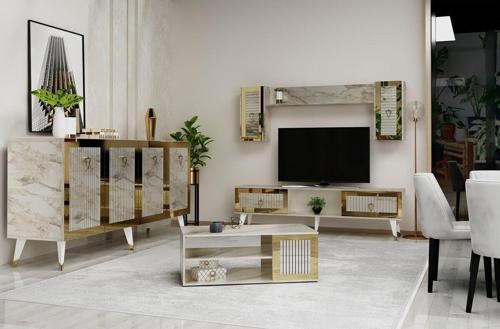 DemonteHome Boradh Tv Üni̇tesi̇ , Orta Sehpa Ve Konsol 3'Lü Salon Takimi Efesmermer Altin