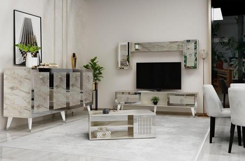 DemonteHome Boradh Tv Üni̇tesi̇ , Orta Sehpa Ve Konsol 3'Lü Salon Takimi Efesmermer Gümüş