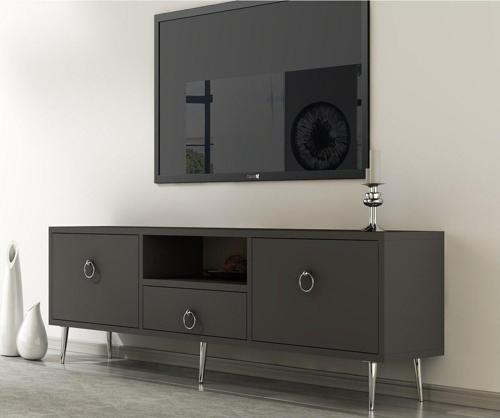 DemonteHome Dropdh Tv Ünitesi 2 Kapaklı Raflı Ve Çekmeceli Antrasit Gümüş