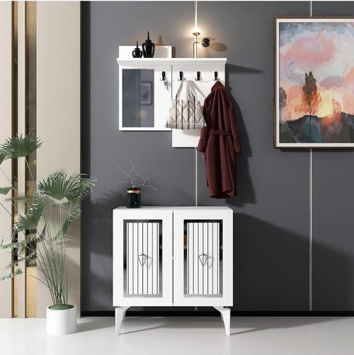 DemonteHome Masaldh Portmanto Ayakkabilik Beyaz Gümüş