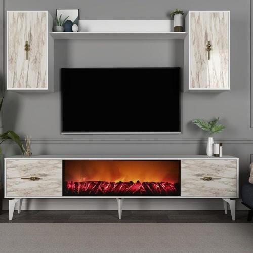 DemonteHome Sintadh 180 Cm Şömineli (B) Tv Ünitesi Takımı Beyaz Efesmermer