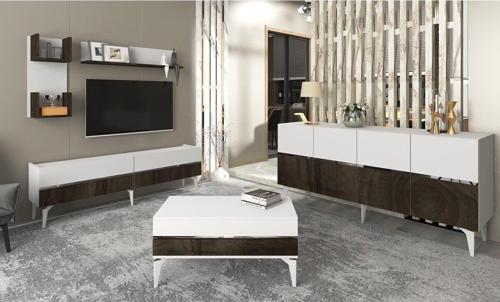 DemonteHome Tedydh Tv Üni̇tesi̇,Konsol Ve Orta Sehpa 3'Lü Salon Takimi Beyaz-Cevi̇z-Gümüş