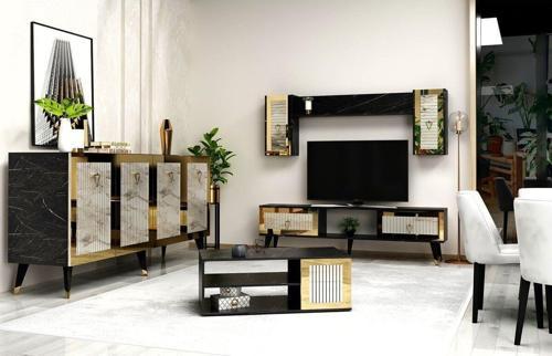 DemonteHome Boradh Tv Üni̇tesi̇, Orta Sehpa Ve Konsol 3'Lü Salon Takimi Royalmermer-Efesmermer-Altin