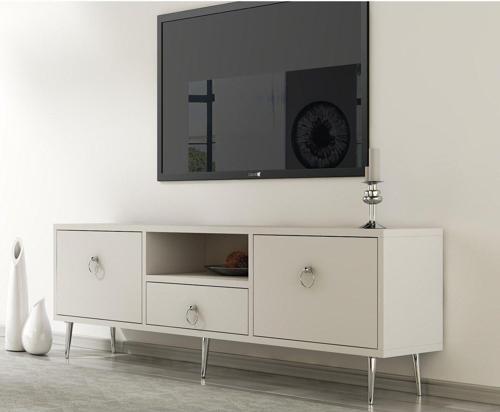 DemonteHome Dropdh Tv Ünitesi 2 Kapaklı 2 Raflı Beyaz Beyaz Gümüş