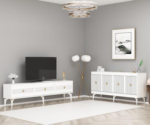 DemonteHome Mi̇dasdh 180 Cm Tv Sehpasi (Alt Modül) Ve 4 Kapakli Konsol 2'Li̇ Salon Takimi Beyaz-Altin